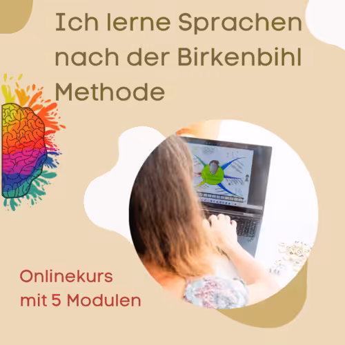 Lernen mit Leichtigkeit: Text auf dem Bild: Ich lerne Sprachen nach der Birkenbihl Methode Onlinekurs mit 6 Modulen. Abgebildet ist eine Gehirnhälfte und eine Frau, die auf den Bildschirm ihres Laptops schaut. Das Bild des Laptops zeigt ein englisches Mindmap.