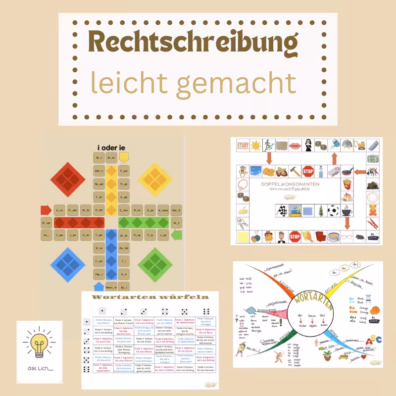 Lernen mit Leichtigkeit_Es sibd mehrere Materialien aus dem Produkt zu sehen: ein Mindmap zu Wortarten, ein Leiterspiel, Wortarten Rätsel. Rechtschreibung leicht gemacht