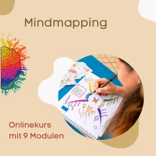 Lernen mit Leichtigkeit_Text auf dem Bildcover: Mindmapping Onlinekurs mit 9 Modulen. Abgebildet ist eine Gehirnhälfte und eine Frau, die gerade ein Mindmap zeichnet zum Thema Mindmap Regeln.