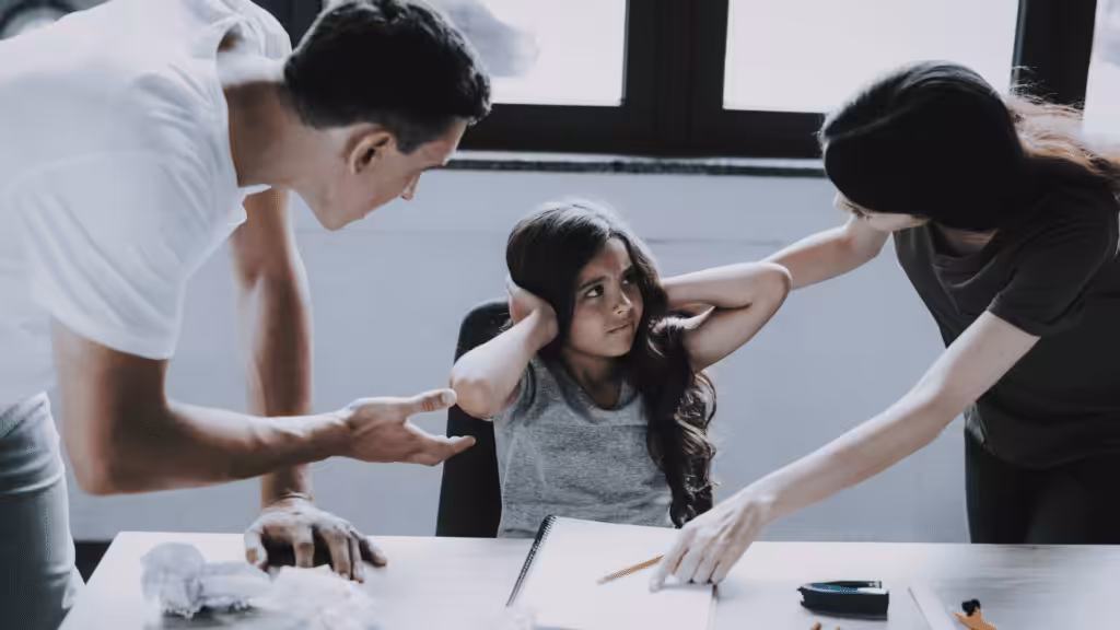 Lernen mit Leichtigkeit_Die Tochter hält sich die Ohren zu und ihre Eltern reden mit ihr während die Hausaufgaben auf dem Tisch liegen. Bild für das 3 in 1 Bundle fit ins neue Schuljahr