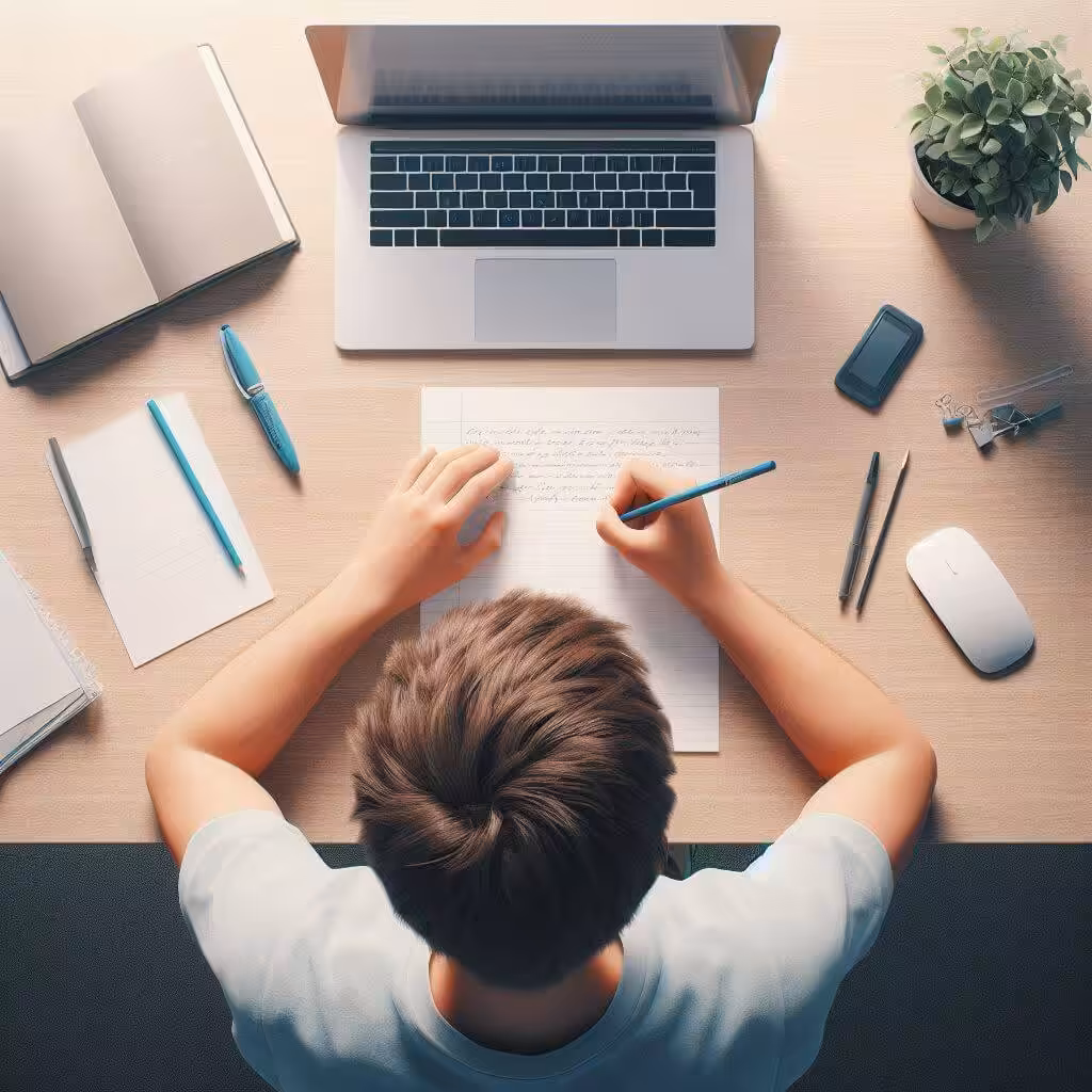 ein Junge sitzt an einem sauberen Schreibtisch und schreibt, Blick von oben, fotorealistisches Bild, Produktbild für den Minikurs Lernort Schreibtich, Lernen mit Leichtigkeit