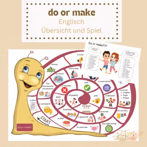 Spiel do or make: Eine Schnecke als Spielfeld 27 Feldern zum Üben, ob do or make angewendet werden soll. Und eine Übersicht mit do or make. Englisch lernen mit Leichtigkeit