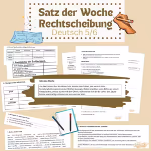 Satz der Woche Rechtschreibung üben deutsch klasse 5 und 6: Zu sehen sind viele kleine Schnipsel aus dem Material. In der Mitte ist ein Satz der Woche als Beispiel dargestellt