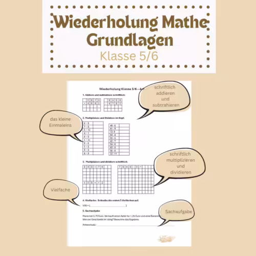 Arbeitsblatt mit Aufgaben zum schriftlichen Rechnen zur Wiederholung Mathe Klasse 5/6 schriftliche Grundrechenarten