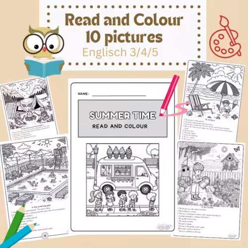 ead and Colour Summer: Lesen und Malen zum Sommer. Zu sehen sind vier Arbeitsblätter zum Ausmalen. Jedes Arbeitsblatt zeigt ein HSommermotiv und darunter stehen 10 Sätze.