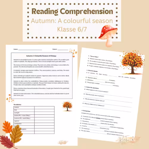 Das Produktbild zum Material Reading Comprehension Herbst zeigt zwei Arbeitsblätter. Auf dem ersten Arbeitsblatt ist der englische Lesetext und eine Vokabelliste zu sehen. Das andere Arbeitsblatt zeigt vier Übungen. Außerdem gibt es passend zum Herbst bunte Blätter auf dem Bild.
