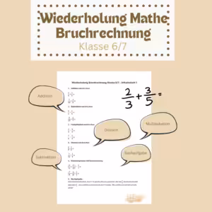 Ein Arbeitsblatt mit Aufgaben zur Wiederholung Mathe Klasse 6/7 Bruchrechnung.