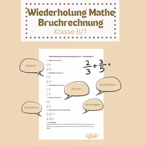 Ein Arbeitsblatt mit Aufgaben zur Wiederholung Mathe Klasse 6/7 Bruchrechnung.
