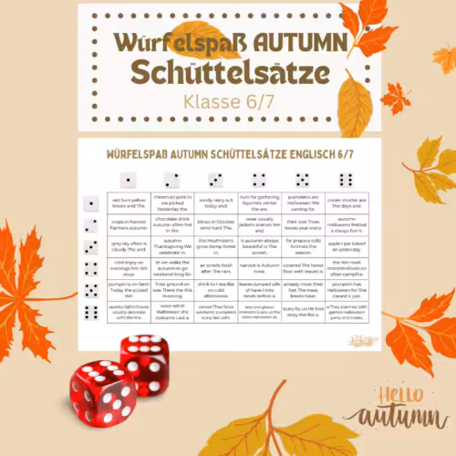 Würfelspaß Schüttelsätze Autumn: Zu sehen ist eine Spielvorlage und 2 rote Würfel.