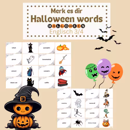 Halloween Words Englisch: Zu sehen sind Halloween Luftballons und eine Hexe aus einem Kürbis. Zwei Arbeitsblätter zeigen die Halloween Wörter auf Englisch