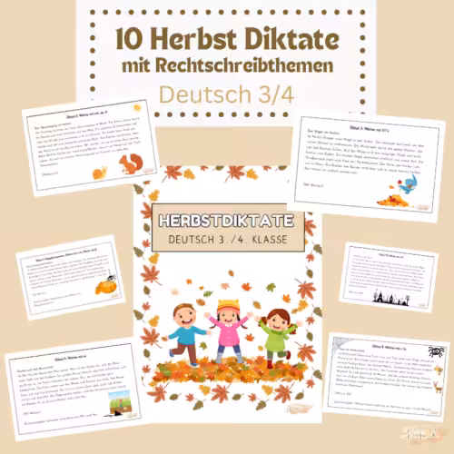 Herbst Diktate üben Grundschule: In der Mitte sind drei Kinder zu sehen und eine Menge Herbstlaub. Außerdem gibt es sechs Ausschnitte zu den Diktaten für Klasse 3/4.