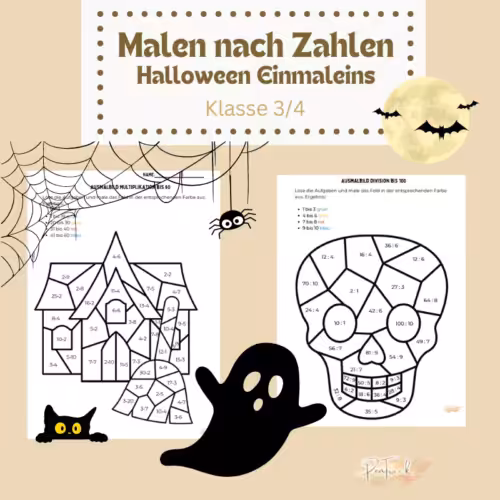 Malen nach Zahlen Halloween Einmaleins: Das Produktbild zeigt 2 Arbeitsblätter. Links sieht man ein Spukhaus mit Aufgaben zur Multiplikation. Rechts ist es ein Totenkopf mit Aufgaben zur Division. Mathe lernen mit Leichtigkeit