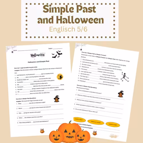 Simple Past English Tenses Halloween: Es sind zwei Arbeitsblätter zu sehen und Kürbisse