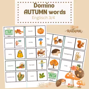 domino autumn words: Zu sehen sind herbstliche Bilder und die englische Vokabelk dazu (z.B. Bild Igel und hedgehog)