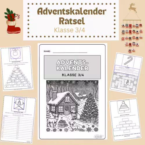 Adventskalender Klasse 3/4: Das Bild zeigt verschiedene Seiten aus dem Produkt mit Aufgaben.