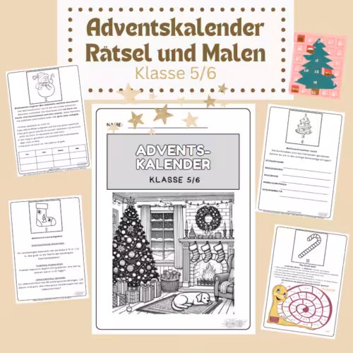 Adventskalender Klasse 5/6: Das Bild zeigt verschiedene Seiten aus dem Produkt mit Aufgaben.