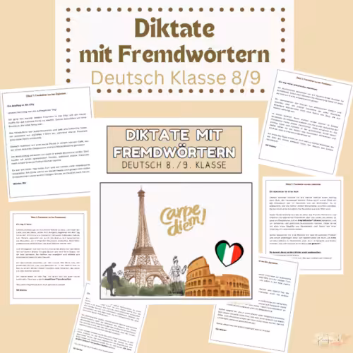 Diktate mit Fremdwörtern Klasse 8/9: In der Mitte ist ein Bild mit dem Eiffelturm. Umd das Bild herum sind kleine Zettel mit Diktaten drauf.