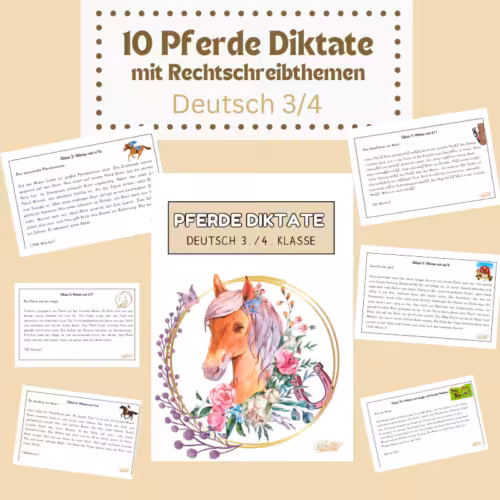Pferde Diktate Deutsch Klasse 3/4: In der Mitte ist ein Pferdekopf zu sehen mit einem Blumenkranz. Um das Bild gibt es 6 kleine Zettel, wo Texte drauf stehen.