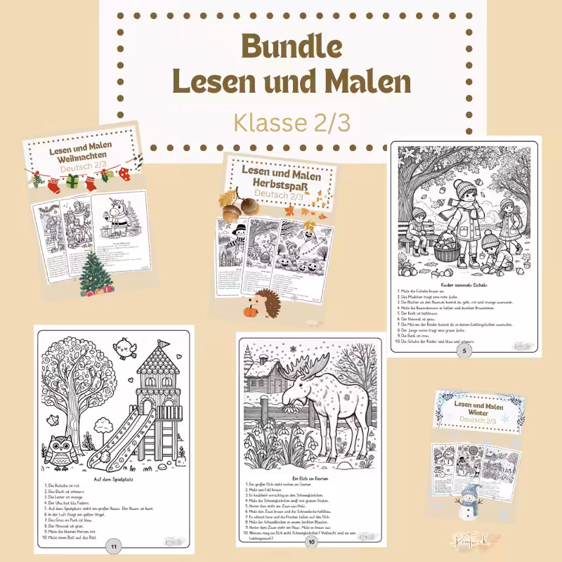 Bundle Lesen und Malen Klasse 2_3: Zu sehen sind verschiedene Arbeitsblätter aus dem Material. Ein Herbstbild, Ein Winterbild mit einem Elche im Garten oder ein Sommerbild auf einem Spielpatz mit einer Rutsche.