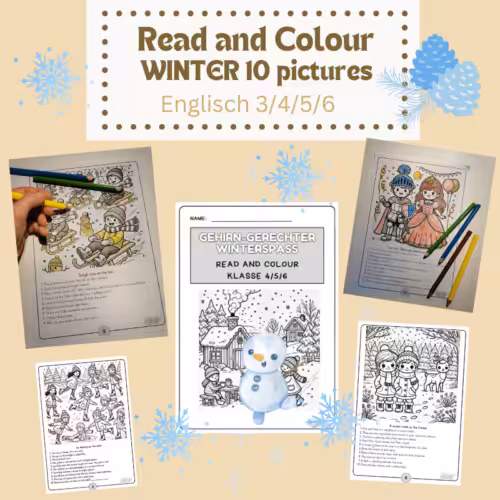Produktbild Read and Colour Winter für Klasse 3 bis 6. Es sind 5 Arbeitsblätter aus dem Heft zu sehen. Zwei davon sind bunt ausgemalt. Man sieht immer ein Ausmalbild und 10 Sätze darunter
