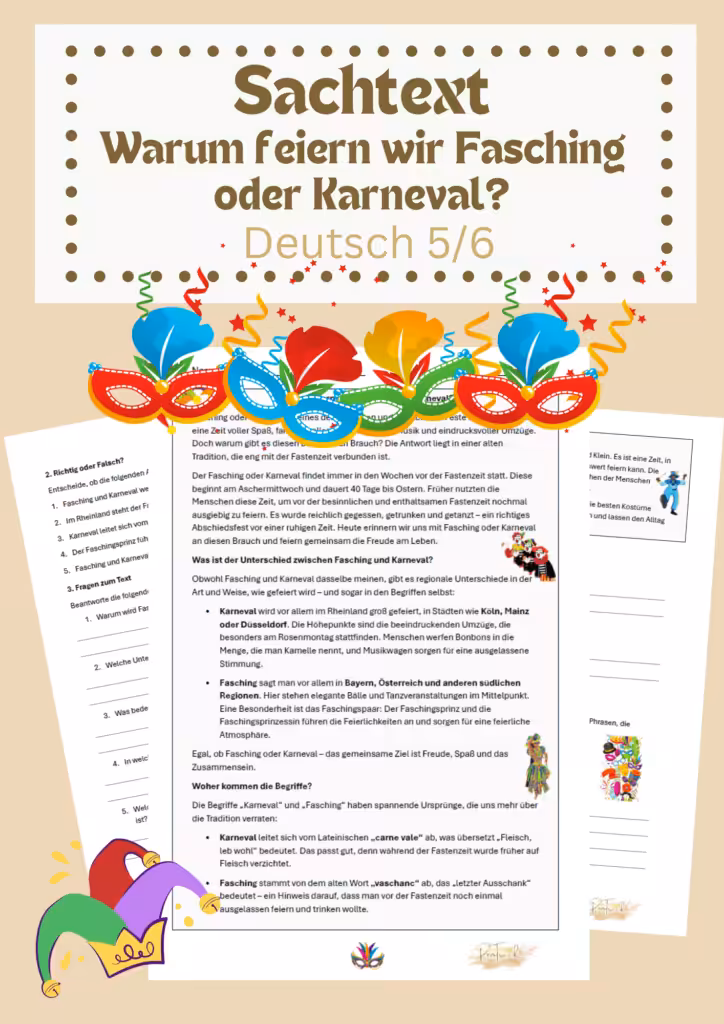 Winter-Lernmaterial für die Grundschule & Sekundarstufe: Cover mit dem Text: Sachtext Warum feiern wir Karneval? Deutsch Klasse 5/6. Unter dem text sieht man Masken vom Karneval und drei Arbeitsblätter zum Thema.