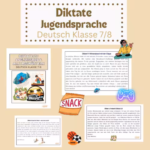 Diktate Jugendsprache Klasse 7/8: zu sehen sind drei Diktate und kleine Symbole wir C Snack Tüte, Controller, DJ und Sportbälle