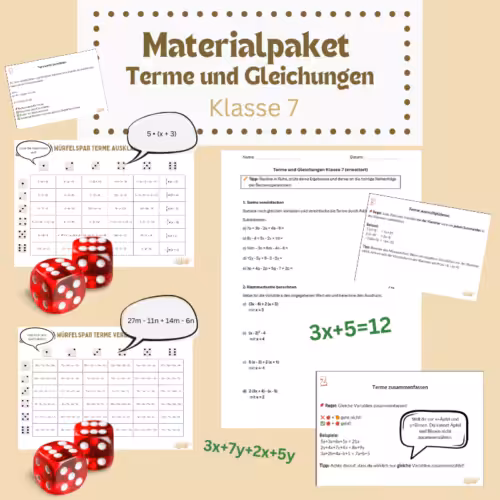Produktbild Terme und Gleichungen: verschiedene Arbeitsblätter als Spiele und Übungen sowie Merkzettel und 2 Würfel