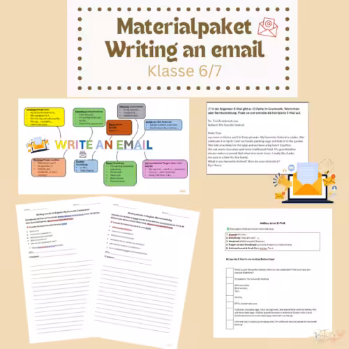 Writing an email in English für Klasse 6/7 zeigt ein gehirn-gerechtes KAWA zum Thema und verschiedene Arbeitsblätter
