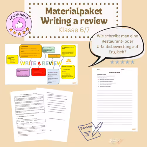Writing a review in English für Klasse 6/7 zeigt ein gehirn-gerechtes KAWA zum Thema und verschiedene Arbeitsblätter