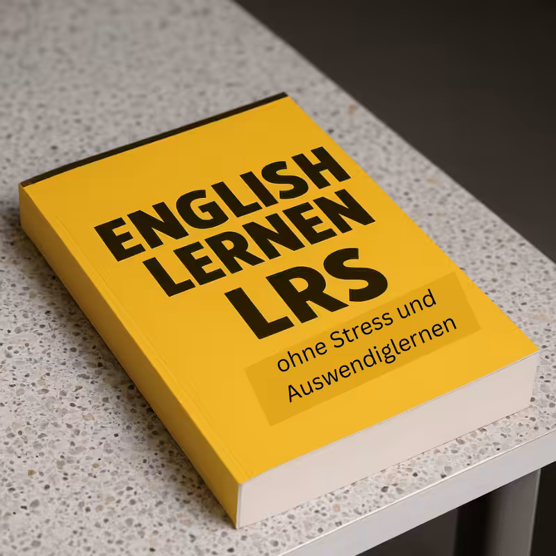 Englisch lernen mit LRS: abgebildet ist ein gelbes Buch mit dem Titel English Lernen LRS ohne Stress und Auswendiglernen