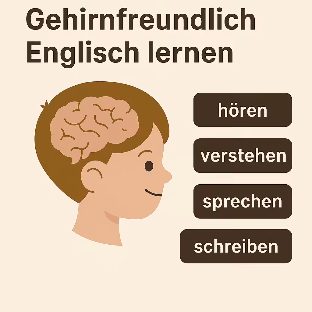 Englisch lernen mit LRS Birkenbihl Methode: Zu sehen ist ein animierter Kinderkopf. Das Gehirn ist zu sehen. Und vor dem Kopf stehen die 4 Wörter untereinander: hören, verstehen, sprechen, schreiben